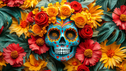 Skull with bright flowers. A decorative skull adorned with intricate designs sits among bright marigolds, roses, and other colorful blooms.