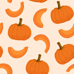 Pumpkin. Seamless pattern with whole pumpkin and pumpkin pieces. Vector illustration for packaging, textile.