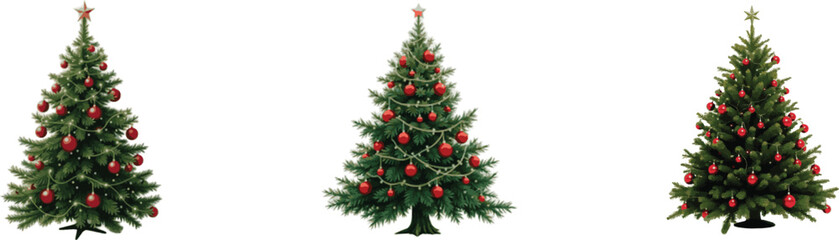 Three Christmas trees with red ornaments on a white background