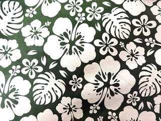 Tropical Hibiscus Pattern with Monstera Leaf Design on Green Background