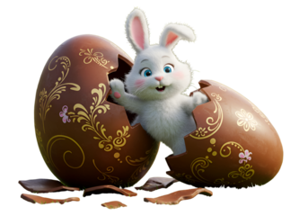 Cute Happy Bunny Breaks From Easter Chocolate Egg Illustration