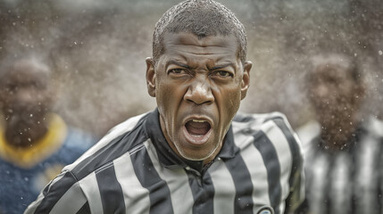 Football referee blowing whistle during match