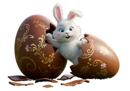 Cute Happy Bunny Breaks From Easter Chocolate Egg Illustration