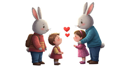 Cute Cartoon Rabbit Family Illustration with Red Hearts on Black Background