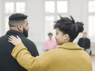 A woman gently comforts a man by placing her hand on his shoulder in a bright room with blurred figures in the background.