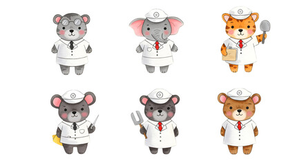 Cute Cartoon Chef Animals Illustration Set Isolated On Transparent Background