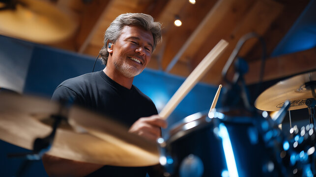 Drummer Teaching Technique with Blue Lighting in Practice Room