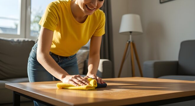 Close-up of a woman dusting and polishing furniture during household chores, highlighting meticulous cleaning and home maintenance during a thorough cleanup.