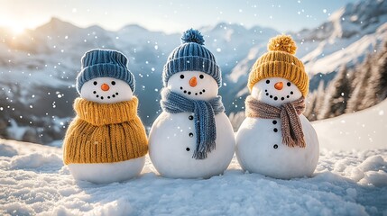 Three snowmen in winter scenery.