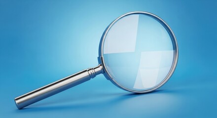 A magnifying glass with a silver handle on a blue background studio shot close up and detailed view