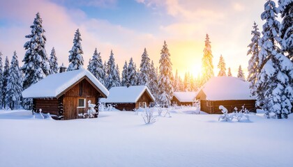 Snowy cottages shine at sunrise glow