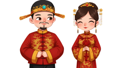 Cute Chinese Wedding Illustration Featuring A Red Couple In Traditional Outfits