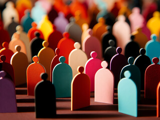 Obraz premium Colorful, abstract paper cutouts of human figures arranged closely together, representing diversity and community in a vibrant setting.