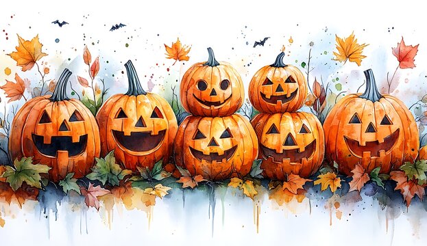 Watercolor Halloween pumpkins with autumn leaves and bats in a row jack o lantern fall