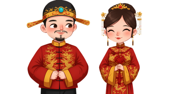 Cute Chinese Wedding Illustration Featuring A Red Couple In Traditional Outfits