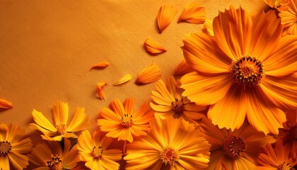 sunlit orange cosmos scattered flat lay postcard design vibrant orange aesthetic