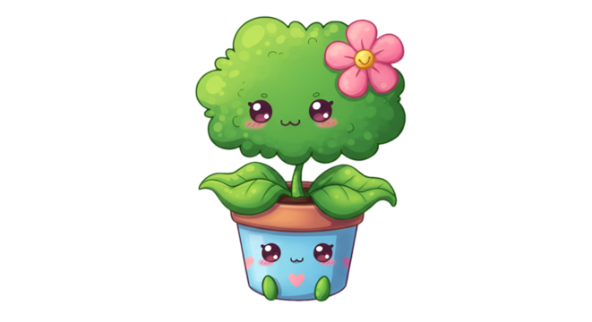 Cute Pixel Plant Character Smiling with Pink Flower in Pot Illustration