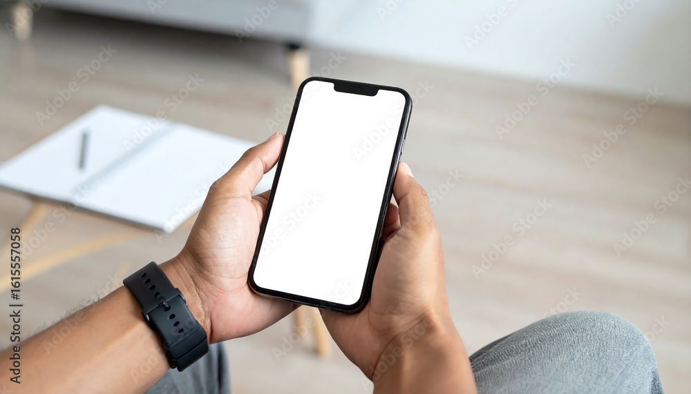 Poster a man holding a smartphone with a blank screen display ready for text ideal for creative mockup and 