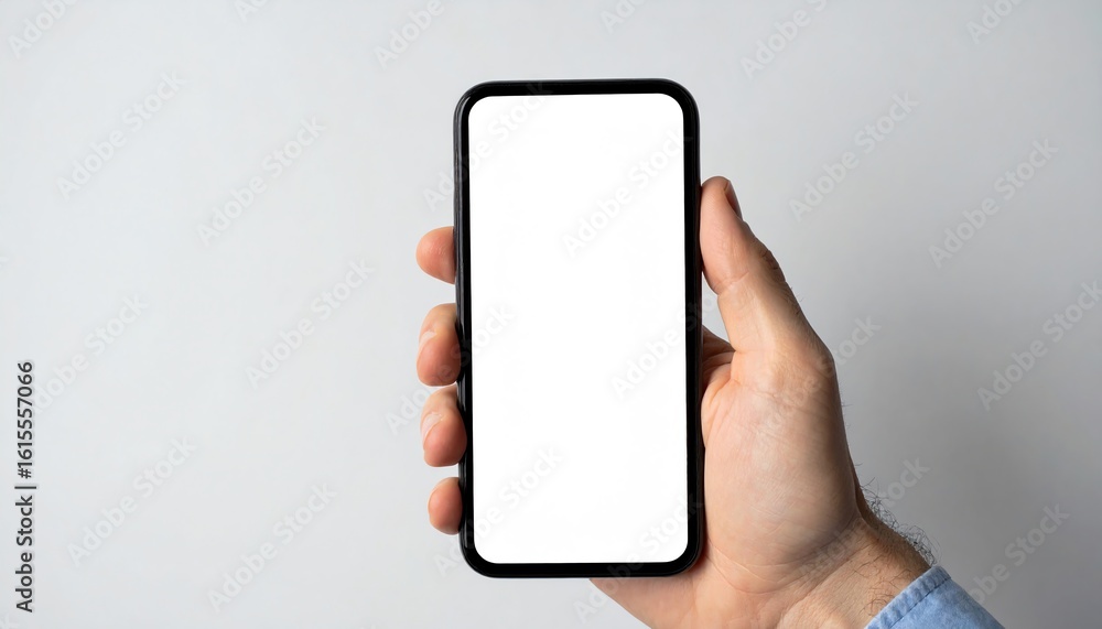 Poster a hand holding a smartphone with a blank screen ready for text and design ideal for creative mockup 