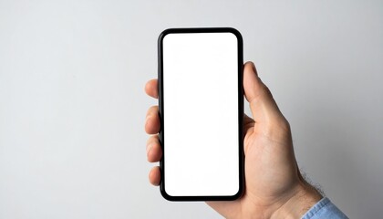 A hand holding a smartphone with a blank screen ready for text and design ideal for creative mockup presentations