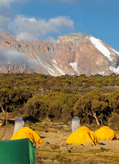 Camping tents on kilimanjaro mountain in tanzania.