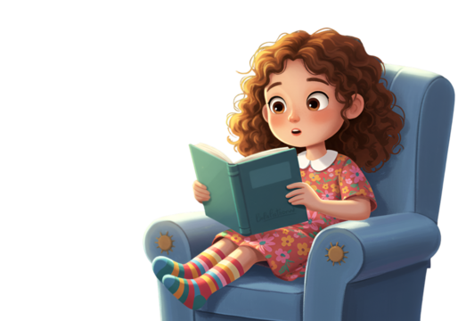 Cute Illustration Of A Happy Girl Reading A Book On A Blue Chair