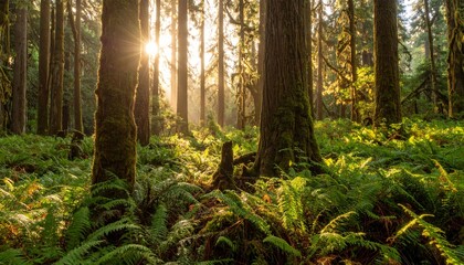 Fototapeta premium Sunlit forest ferns glow with morning