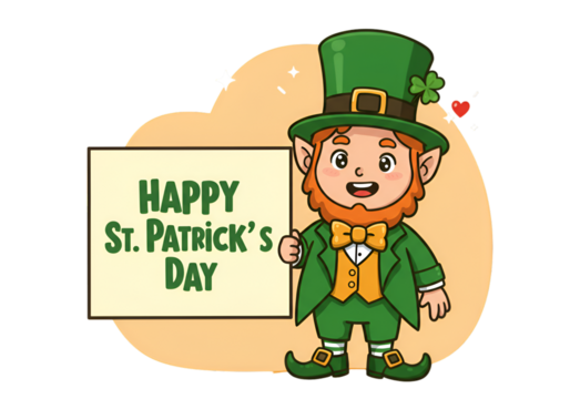 Cute Illustration of Leprechaun Holding Happy St Patricks Day Sign