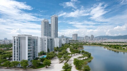 Modern Cityscape by the Lakeside: A sprawling modern cityscape emerges along a serene lakeside, showcasing the fusion of urban architecture with the calmness of nature.