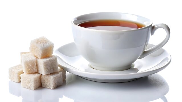 white sugar cubes and cup of hot tea with sugar cubes on a saucer isolated on white background