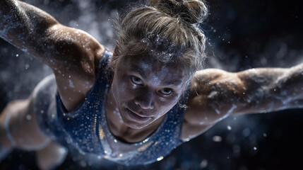 A gymnast performing a perfect mid-flip twist in mid-air