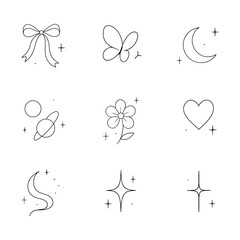 Minimal celestial and nature line art icons with stars and sparkles, Transparent Background