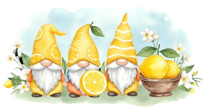 Cute Watercolor Illustration Of Lemon Gnomes With Floral Transparent Background