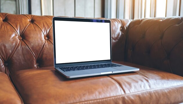 A laptop positioned open on a leather couch creating a comfortable and inviting workspace in a contemporary home