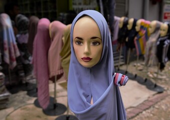 Tudong shop with mannequins wearing them in the oldtown of Kuala Lumpur, Malaysia
