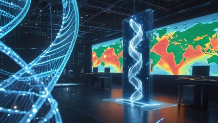 Futuristic laboratory with digital representations of data and dna.