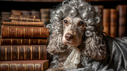 Portrait of a Dog in a Judge's Wig and Robe among Stacked Books