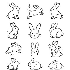 Cute minimal bunny icon set in various poses, outline style
