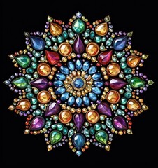 Vibrant, colorful, symmetrical mandala design, created with various gemstones and jewels, radiating outwards from a central point on a black background.