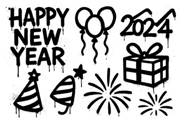 New year celebration icons in graffiti spray style with fireworks, clock, champagne and confetti, Transparent Background