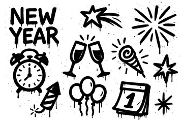 New year celebration icons in graffiti spray style with fireworks, clock, champagne and confetti, Transparent Background