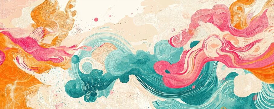 Abstract swirls of pastel colors.  Fluid, flowing shapes of  orange, pink, teal, and cream tones create a dynamic abstract design.  