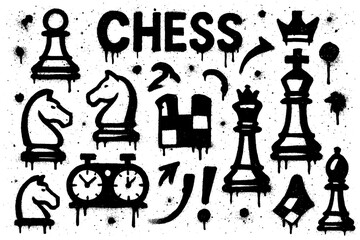 Chess strategy graffiti icons with pieces boards clocks and arrows in bold street art style, Transparent Background
