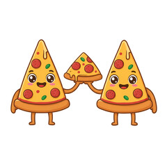 Cute Cartoon Pizza Slices Illustration Smiling With Pepperoni Isolated