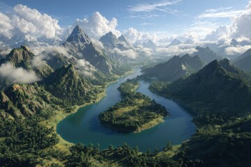 Majestic river winding through lush green mountains under a cloudy sky