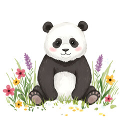 Obraz premium Cute Panda Illustration Sitting In The Green Meadow Background