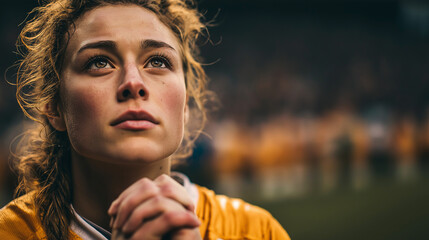 A soccer player praying silently on the field before a penalty kick