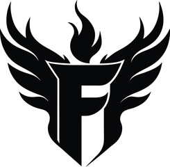 Black phoenix winged f emblem with flame