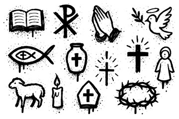 Christian graffiti icons with crosses bible angel dove church and candle, Transparent Background © SenorPinky