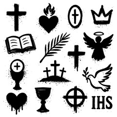Christian graffiti icons with crosses bible angel dove church and candle, Transparent Background © SenorPinky